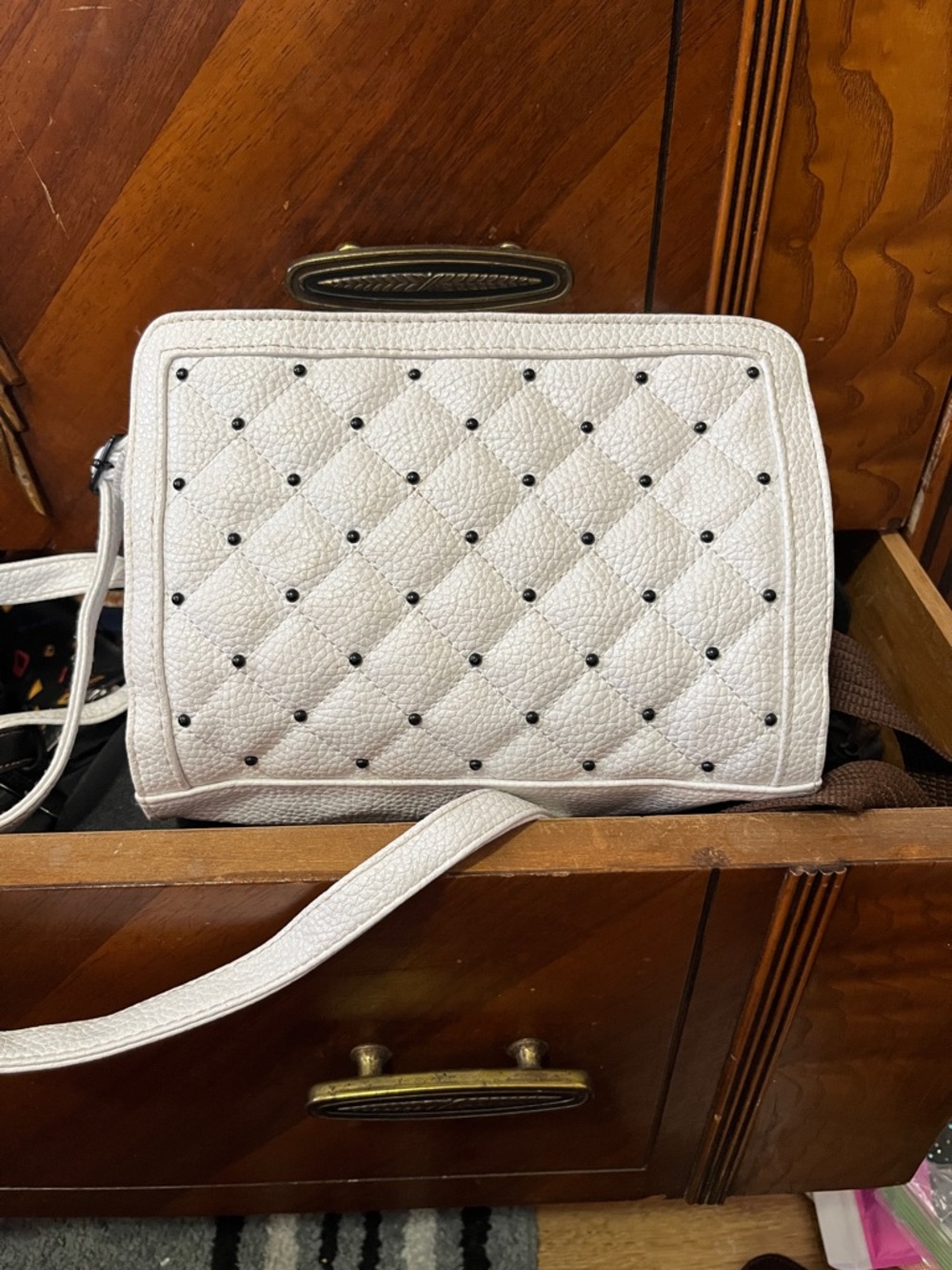 BONGO White Quilted Crossbody Bag with Black Studs
